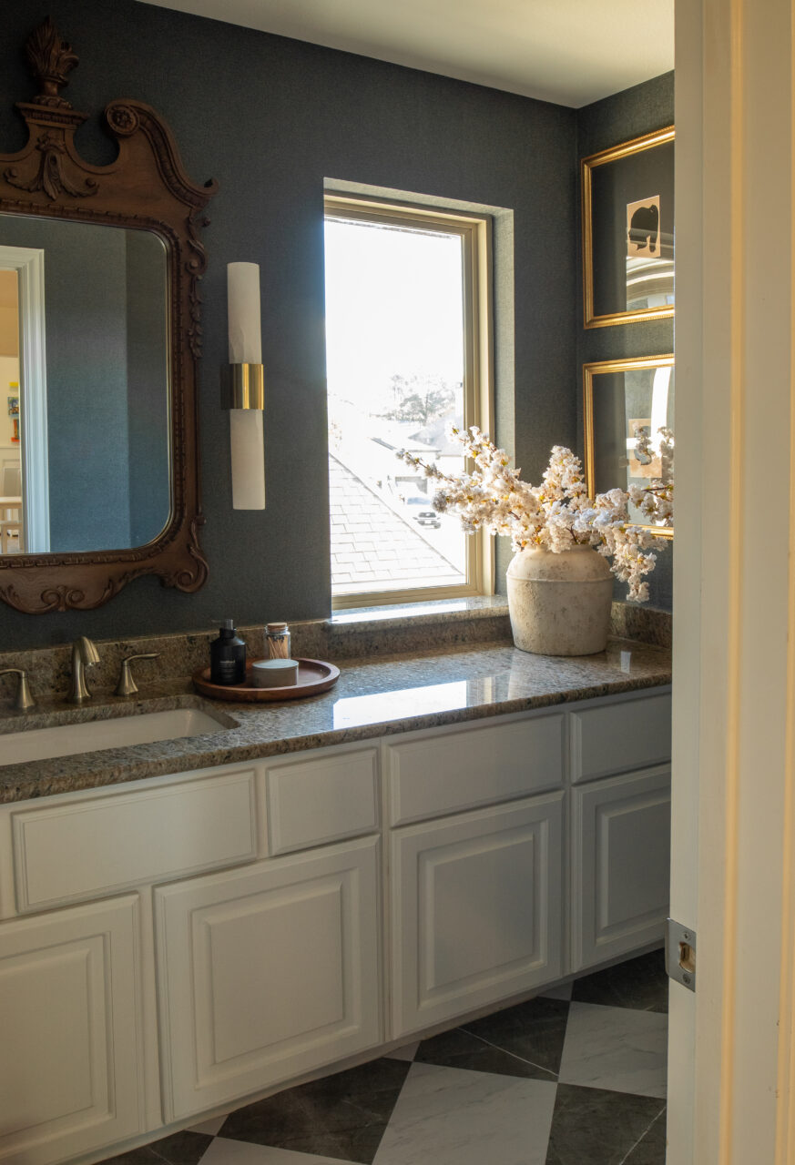 moody bathroom with dark walls