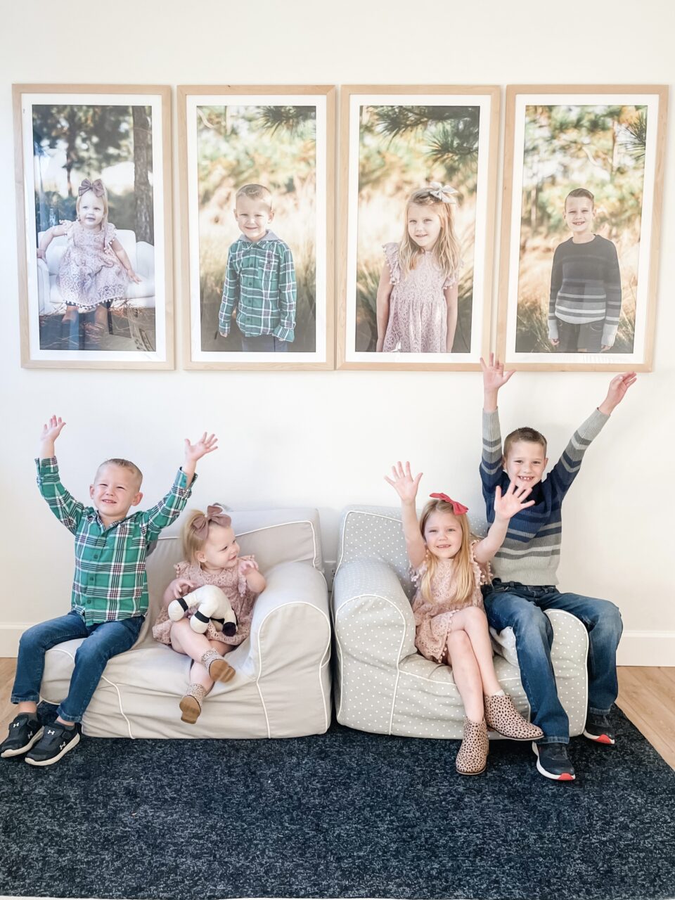 family photos in natural wood picture frames