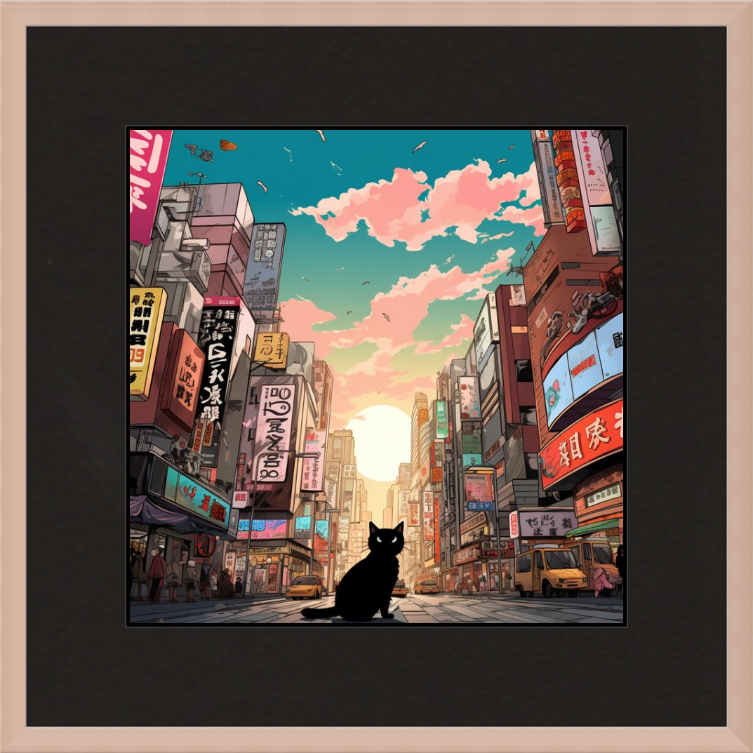 black cat anime art in rose gold frame