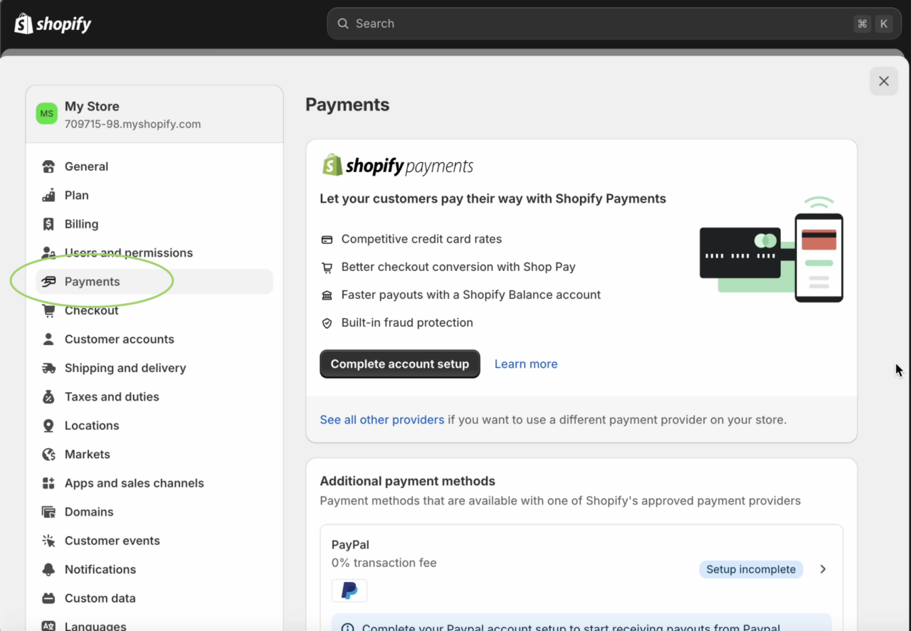 Shopify Set up: Set Up Payment Methods